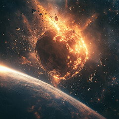 Obraz premium A large, dangerous asteroid flies through the atmosphere above the planet, against the backdrop of dark, bottomless space.