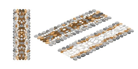 Isometric view of three pebble stone paths with brown and gray stones on a white background