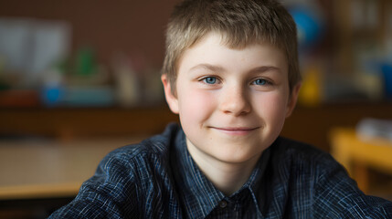 A young student smiling warmly in a classroom setting, exuding a positive learning atmosphere.