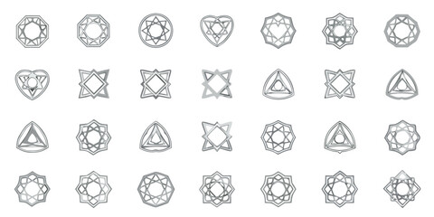 Collection of abstract geometric shapes with intricate designs in a grid arrangement set on white