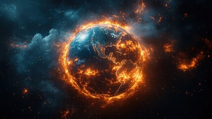Obraz premium Earth engulfed in fiery flames, burning in space