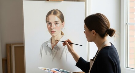 Female Artist Painting Realistic Portrait on Canvas in Bright Studio