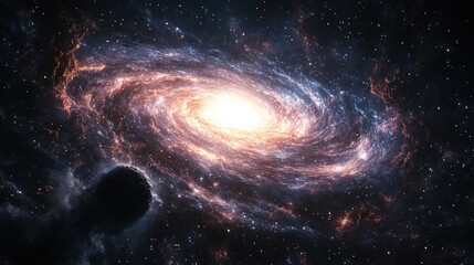 Fototapeta premium Spiral galaxy, vibrant colors, swirling nebulae, cosmic dust, and a dark celestial body