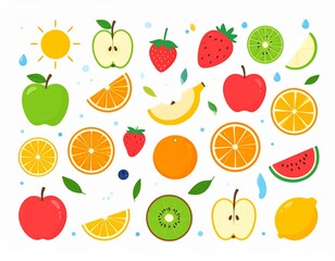 Set of colorful minimalistic fruits in flat style. Modern summer design elements