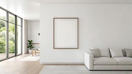 Framed Poster on White Wall in Minimal Living Room – Home Decor Scene, Modern Frame Display, Interior Mockup, Bright Room, Blank Poster, Wooden Frame, Neutral Aesthetic, Design Template, Art Presentat