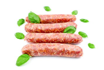 Raw sausages isolated on white background