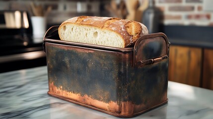 A charming vintage bread box with freshly baked bread peeking out, sitting on a cozy kitchen counter.

