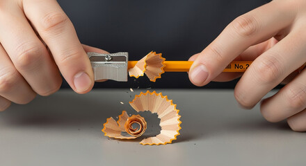 Hands sharpening a classic yellow pencil with a metal sharpener, creating spiral wood shavings.
