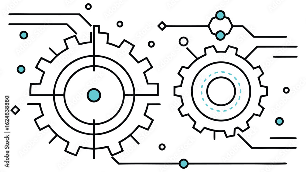 Poster abstract illustration of interconnected gears and circuits symbolizing technological advancement and