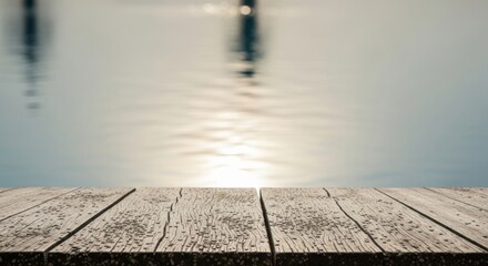 Wooden Dock Pier with Calm Water Reflection in Soft Natural Light