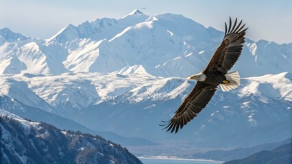 Majestic Eagle Soaring Over Snow-Capped Mountain Landscape