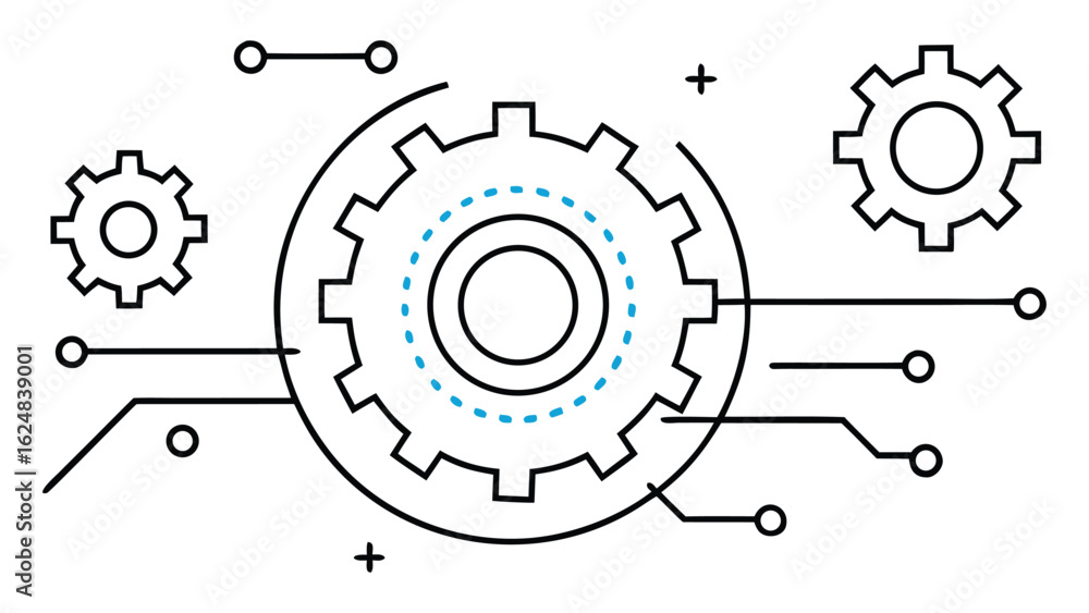 Poster abstract illustration of interconnected gears and circuits representing technology innovation and me