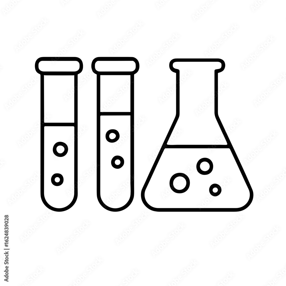 Poster chemical test tubes and flask in minimalistic line art style