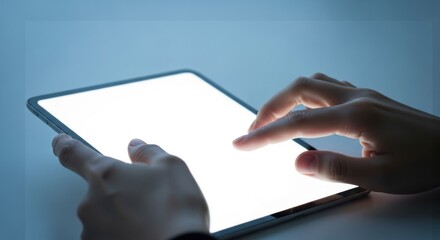 Hands Using Touchscreen Tablet in Close Up Scene with Bright Screen and Soft Lighting