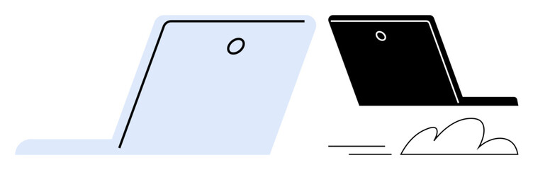 Two abstract laptops in minimal style, one light and one dark, emphasizing technology. Ideal for digital communication, remote work, online learning, tech innovation, productivity, mobility simple