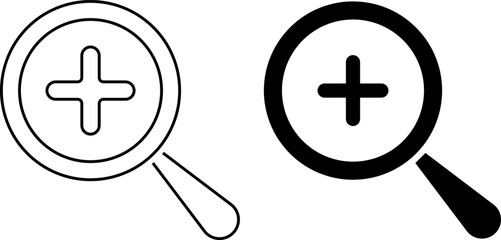 Search icon set. zoom in icons. magnifier with plus. loup with check mark signs. search and investigation symbol
