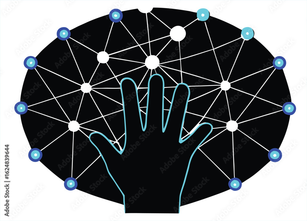 Poster silhouette of a human hand reaching towards a glowing interconnected network of nodes and lines agai