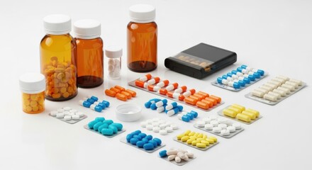 Prescription Medication Bottles and Assorted Pills in Blister Packs on White Background