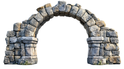 Old stone masonry arch with natural rock pattern isolated on white transparent background