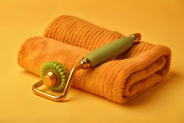 Rolled orange towel with green-handled massage roller featuring gold frame and beaded surface on matching orange background, self-care concept