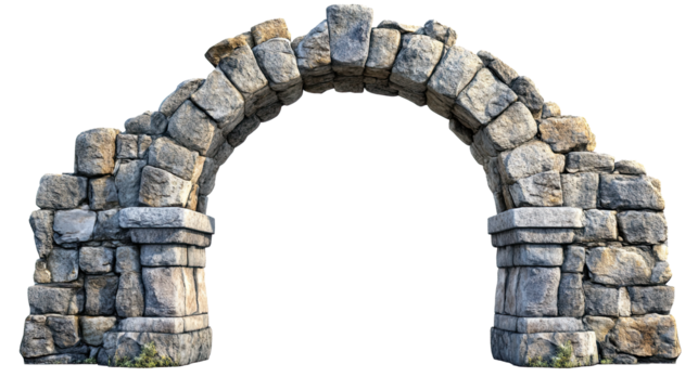 Old stone masonry arch with natural rock pattern isolated on white transparent background