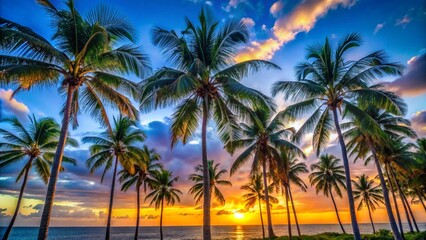 Relaxing tropical paradise with palm trees on a sandy beach at sunset