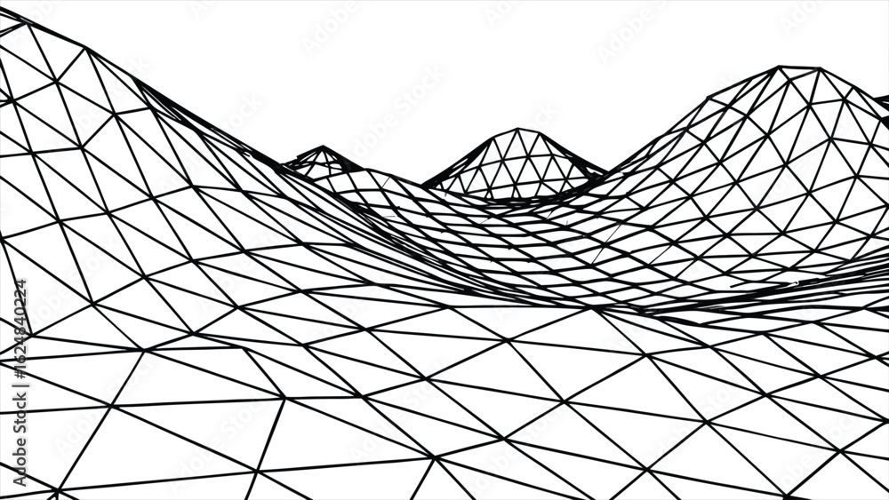 Poster abstract wireframe landscape with geometric mountains and valleys rendered in black and white repres