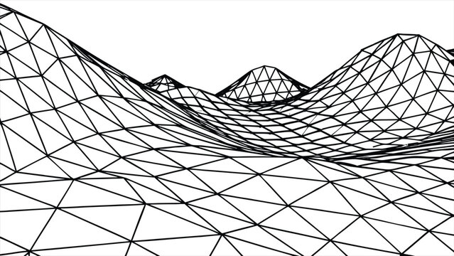 Abstract wireframe landscape with geometric mountains and valleys rendered in black and white representing digital terrain and data visualization