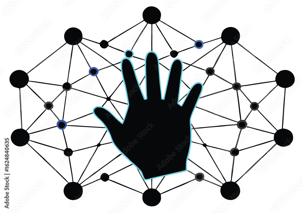 Poster silhouette of a human hand reaching out to touch a glowing digital network of interconnected nodes a