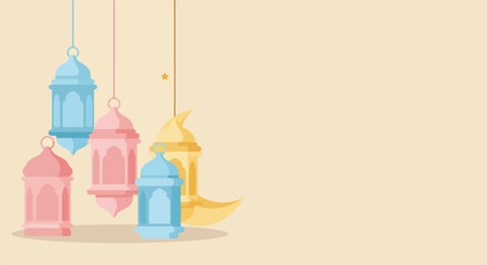 Naklejka premium Festive hanging lamps, crescent in the background, event card, social media graphic