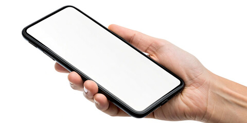 Hand Holding Smartphone with Blank Screen – Phone Mockup, White Background, Mobile Device, Modern Gadget, App Template, User Interface Design, Empty Screen, Flat Lay Concept, Minimal Phone Layout, Dev