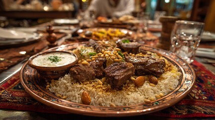 A close up of a large plate of food with meat rice and a creamy sauce on a decorative table