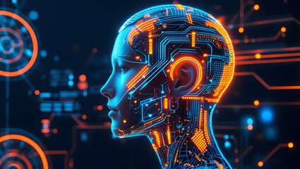 Neural Network Face in Orange and Blue Wireframe