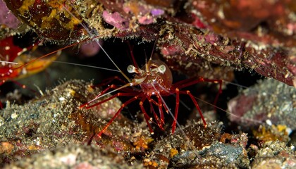Vibrant prawns with glossy red shells on a wet, reflective rock, lit by soft dawn light, surrounded by shallow ocean waves