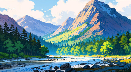 Anime-style landscape depicting a serene river flowing through a valley surrounded by majestic mountains