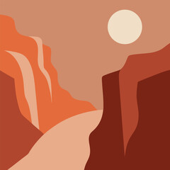 Vector art of abstract desert canyon landscape with sun and rock formation