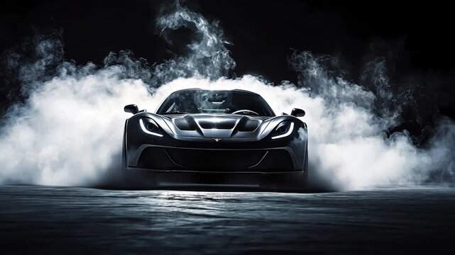 black sports car in the garage with white smoke beside the car