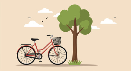 Naklejka premium Red bicycle at a park next to a tree with birds and clouds in the background