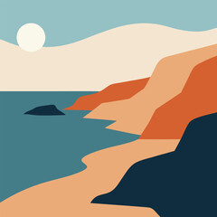 Vector art of coastal landscape with sea, cliffs, and sun