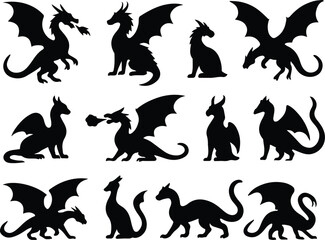Dragon and Cat Silhouettes Vector Set – Black Silhouette Illustrations of Fantasy Dragons with Wings, Fire-Breathing Creatures, and Domestic Cats in Various Poses – Perfect for Mythical Creatures, Fan