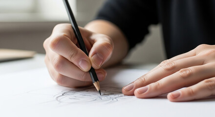 Fototapeta premium Artist's hand sketching a detailed drawing with a graphite pencil on white paper.