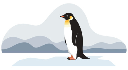 Fototapeta premium Penguin standing on ice floe in Antarctica with mountainous background illustration