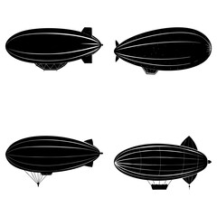 Fototapeta premium Four black and white vintage airships with different designs floating on a white background scene illustration