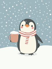 A calm penguin in snow with a warm drink, designed for classroom winter visuals and gentle learning printables