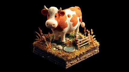 animated cow on a farm with clay texture on a black background