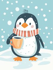 A clean winter-themed vector with a penguin and mug, ideal for seasonal product packaging and cozy branding use