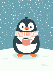 A printable winter card with a cheerful penguin holding a mug, perfect for Christmas or New Year greeting sets