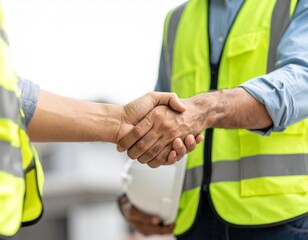 Plakat Two engineer shaking hands with deals and congratulations on success, panorama 