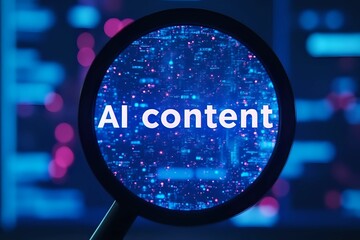 Magnifier focuses on the word AI content. Focusing, finding or analyzing business strategy concept in blue and pink cinematic style with copy space