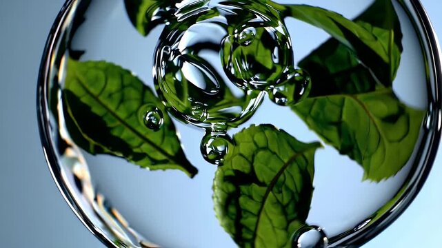 Artistic 4K 3D rendering of vibrant green tea leaves submerged in clear liquid with bubbles emphasizing the organic nature and purity of tea based product ingredients